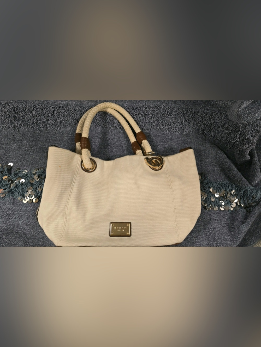 Michael Kors Beige Canvas Tote with Rope Handles and Gold Hardware